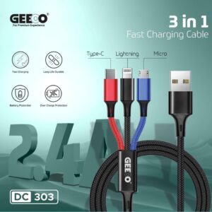 GEEOO DC-303 2.4A Super Fast Charging 3-in-1 Nylon Braided Cable (1M)